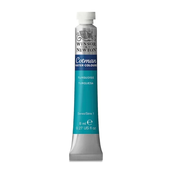 A single Turquoise Winsor and Newton Cotman Watercolour 8ml Tube is shown vertically in the center of the frame. The tube is silver and the Winsor and Newton logo is printed at the top of the tube. There is a blue band below the logo and the words 'Cotman Watercolour' are printed on the blue band in white. Then there is a large colour band around the base of the tube that denotes the colour of the paint. The tube colour and paint properties are indicated on this colour band in black text. The tube has a white, plastic screw on cap. The image is center of the frame and on a white background.