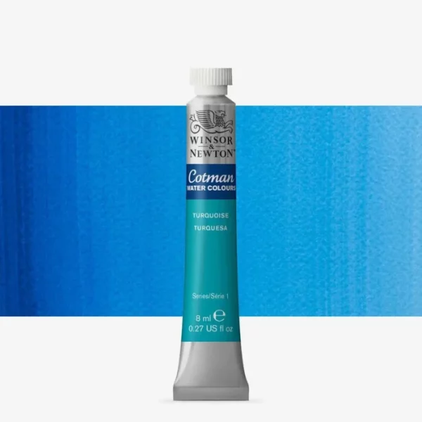 A single Turquoise Winsor and Newton Cotman Watercolour 8ml Tube is shown vertically in the center of the frame. The tube is silver and the Winsor and Newton logo is printed at the top of the tube. There is a blue band below the logo and the words 'Cotman Watercolour' are printed on the blue band in white. Then there is a large colour band around the base of the tube that denotes the colour of the paint. The tube colour and paint properties are indicated on this colour band in black text. The tube has a white, plastic screw on cap. There is a rectangular colour swatch behind the tube that shows how the colour works on a gradient scale. The entire image is center of the frame and on a white background.