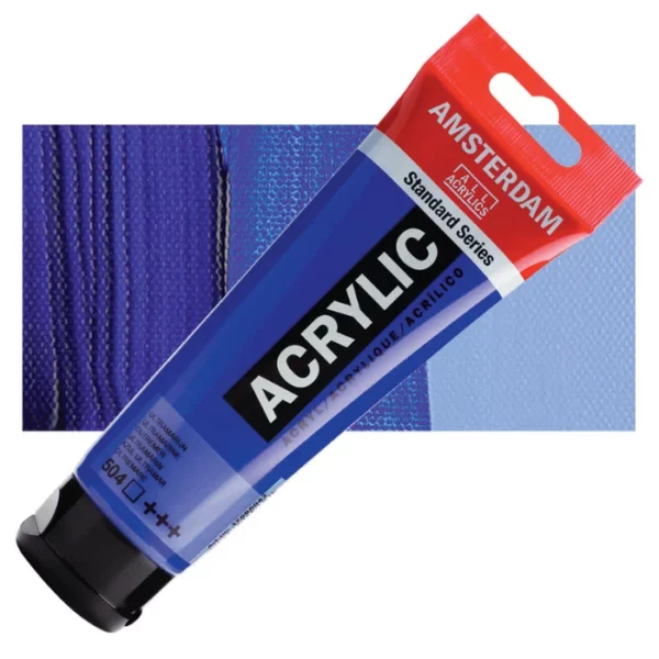 A single tube of Ultramarine Amsterdam Acrylic Paint 120ml is shown diagonally across the center of the frame. The tube is made of a clear plastic and has a red band at the end of the tube with a hole so it can hang. The tube has a black, plastic flip top cap, that the bottle stands on. There is black text on the body of the tube describing the product colour and details. The colour of the paint can be seen through the tube. There is a rectangular colour swatch of the paint, behind the tube. The swatch shows the colour in different gradient's. The image is center of the frame and on a white background.