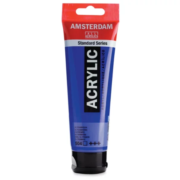 A single tube of Ultramarine Amsterdam Acrylic Paint 120ml is standing vertically in the center of the frame. The tube is made of a clear plastic and has a red band at the end of the tube with a hole so it can hang. The tube has a black, plastic flip top cap, that the bottle stands on. There is black text on the body of the tube describing the product colour and details. The colour of the paint can be seen through the tube. On a white background.