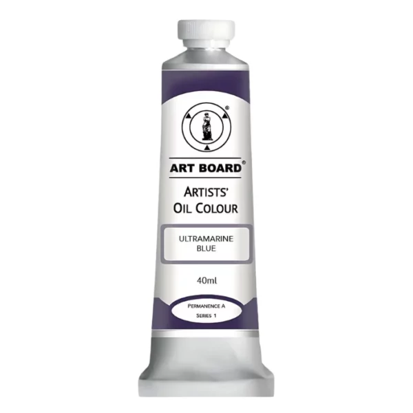 A tube of Ultramarine Blue Artboard Oil Paint 40ml is shown standing vertically in the center of the frame. The tube is silver and has a label around the body of the tube. Parts of the label are coloured, to denote the colour of the paint inside the tube. The artboard logo and name are printed at the top of the label and the colour and product details are printed below. The tube has a white plastic, screw on lid. On a white background.