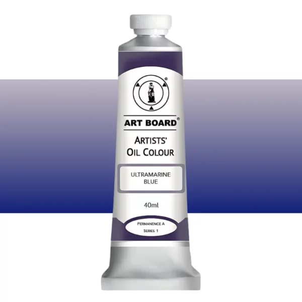 A tube of Ultramarine Blue Artboard Oil Paint 40ml is shown standing vertically in the center of the frame. The tube is silver and has a label around the body of the tube. Parts of the label are coloured, to denote the colour of the paint inside the tube. The artboard logo and name are printed at the top of the label and the colour and product details are printed below. The tube has a white plastic, screw on lid. A graded horizontal rectangle is seen in the background, this denotes the colour of the paint inside the tube. On a white background.