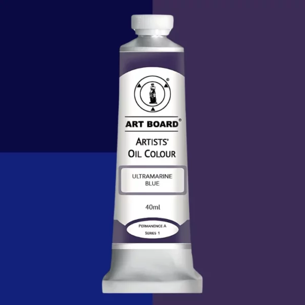 A tube of Ultramarine Blue Artboard Oil Paint 40ml is shown standing vertically in the center of the frame. The tube is silver and has a label around the body of the tube. Parts of the label are coloured, to denote the colour of the paint inside the tube. The artboard logo and name are printed at the top of the label and the colour and product details are printed below. The tube has a white plastic, screw on lid. Different shades of the paint colour are shown in the background in blocks, behind the tube.