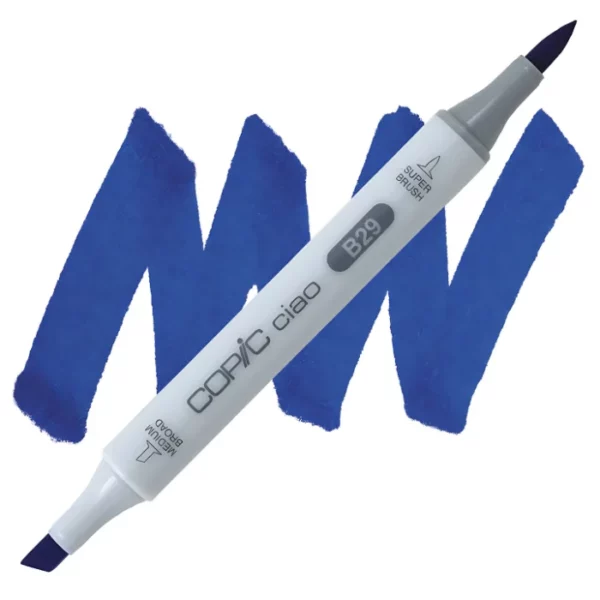 in the center of the image is a single copic marker that is sitting diagonally across the image. from left to right. it has a grey body and both caps are off showing the two different nibs, one brush at the top and the chisel tip at the bottom. it is sitting infront of a squiggle of the same colour as the marker on a white background