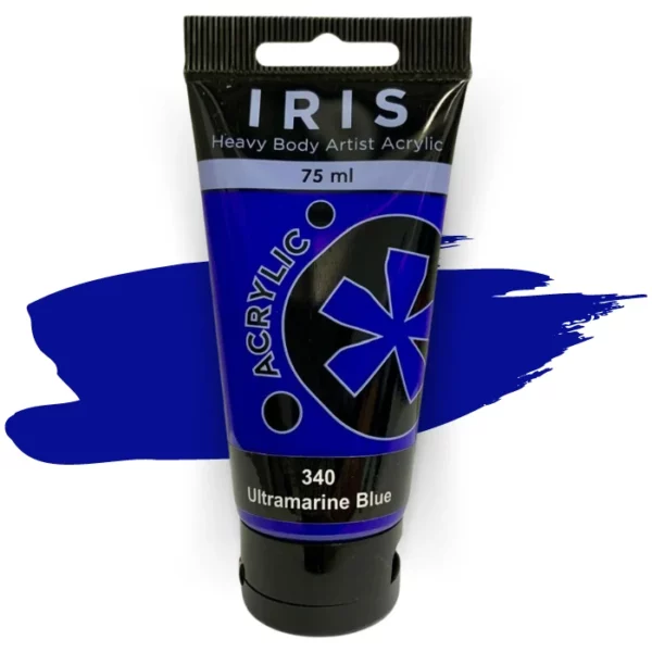 A single tube of Ultramarine Prime Art Iris Acrylic Paint 75ml is shown in the frame. The tube is a clear plastic with a black printed band at the top of each tube that has the Prime Art Iris Logo printed on it. The tube has a black flip cap that the tube stands on. You can see the colour of the paint through the tube. On a white background.