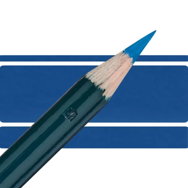 a derwent artists coloured pencil is seen in a close up ciming in from the left habd corner of the image. the tip is facing the right hand side top of the image. in a horizontal line. it has a green hamdle and a wooden end with the coloured tip. there are three horizontal stripes behind it that are the same colour as the nib of the pencil. on a white background