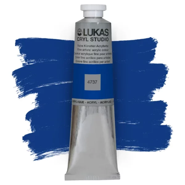 A single tube of Ultramarine Blue Lukas Cryl STUDIO Acrylics 75ml is shown in the center of the frame, standing vertically. The tube is silver and has a colour band around the body of the tube that denotes the colour of the paint inside. The Lukas name and logo is printed at the top of the tube and there is black text below the logo that describes the paint. The tube has a white plastic, screw on lid. There is a paint swatch in the background that indicates the colour of the paint inside the tube. The image is center of the frame and on a white background.