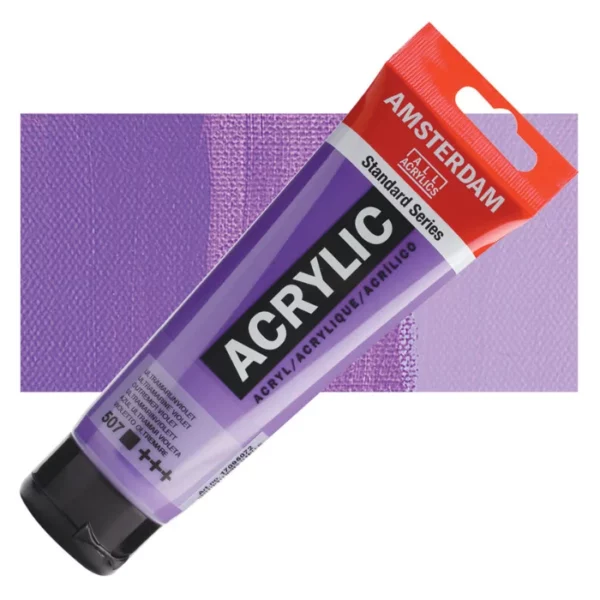 A single tube of Ultramarine Violet Amsterdam Acrylic Paint 120ml is shown diagonally across the center of the frame. The tube is made of a clear plastic and has a red band at the end of the tube with a hole so it can hang. The tube has a black, plastic flip top cap, that the bottle stands on. There is black text on the body of the tube describing the product colour and details. The colour of the paint can be seen through the tube. There is a rectangular colour swatch of the paint, behind the tube. The swatch shows the colour in different gradient's. The image is center of the frame and on a white background.