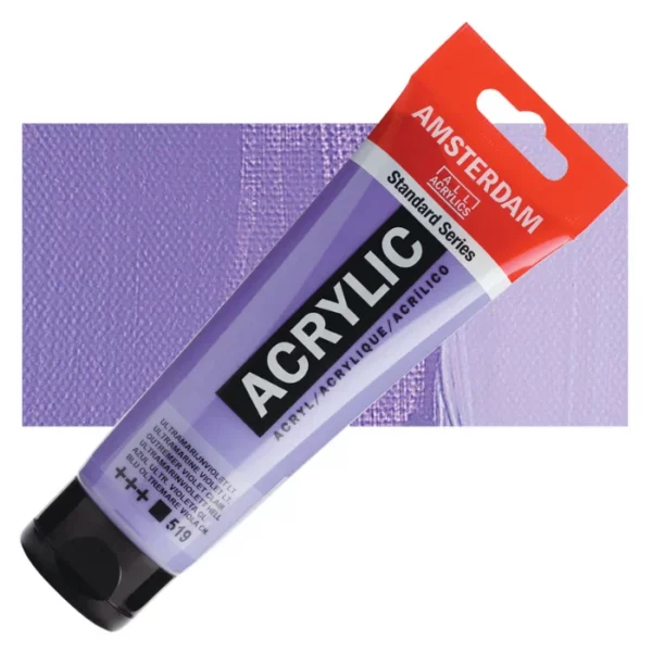 A single tube of Ultramarine Violet Light Amsterdam Acrylic Paint 120ml is shown diagonally across the center of the frame. The tube is made of a clear plastic and has a red band at the end of the tube with a hole so it can hang. The tube has a black, plastic flip top cap, that the bottle stands on. There is black text on the body of the tube describing the product colour and details. The colour of the paint can be seen through the tube. There is a rectangular colour swatch of the paint, behind the tube. The swatch shows the colour in different gradient's. The image is center of the frame and on a white background.