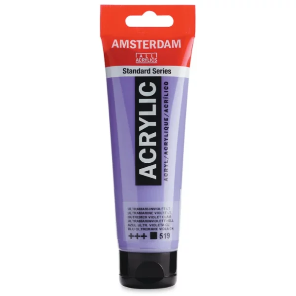 A single tube of Ultramarine Violet Light Amsterdam Acrylic Paint 120ml is standing vertically in the center of the frame. The tube is made of a clear plastic and has a red band at the end of the tube with a hole so it can hang. The tube has a black, plastic flip top cap, that the bottle stands on. There is black text on the body of the tube describing the product colour and details. The colour of the paint can be seen through the tube. On a white background.