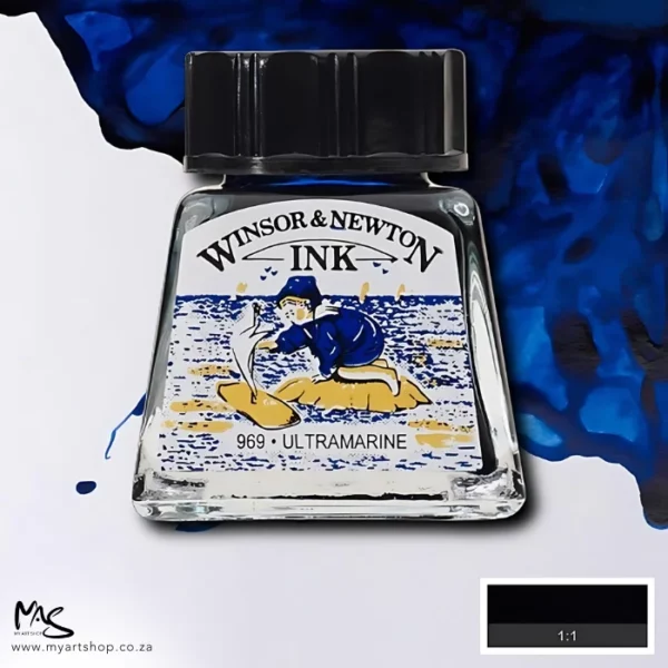 A single bottle of Ultramarine Winsor & Newton Drawing Ink can be seen in the center of the frame, with ink in the background, in the top right hand corner of the frame, flowing into the frame. The ink is the colour of the ink inside the bottle. The bottle is a clear glass bottle and so you can see the colour of the ink inside. There is a black, plastic screw on lid and a label stuck to the front of the bottle with the brand name and logo on it. There is a small rectangular colour block with a sample of the ink colour in a 1:1 ratio, in the bottom right hand corner of the frame.