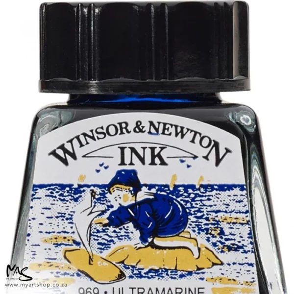 A close up of a single bottle of Ultramarine Winsor & Newton Drawing Ink. The bottom of the bottle is cut off by the frame. The bottle is clear glass so you can see the colour of the ink inside, with a black screw on plastic lid. There is a label on the front of the bottle with the brand logo.