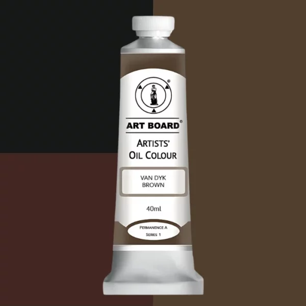 A tube of Van Dyke Brown Artboard Oil Paint 40ml is shown standing vertically in the center of the frame. The tube is silver and has a label around the body of the tube. Parts of the label are coloured, to denote the colour of the paint inside the tube. The artboard logo and name are printed at the top of the label and the colour and product details are printed below. The tube has a white plastic, screw on lid. Different shades of the paint colour are shown in the background in blocks, behind the tube.