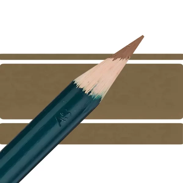 a derwent artists coloured pencil is seen in a close up ciming in from the left habd corner of the image. the tip is facing the right hand side top of the image. in a horizontal line. it has a green hamdle and a wooden end with the coloured tip. there are three horizontal stripes behind it that are the same colour as the nib of the pencil. on a white background