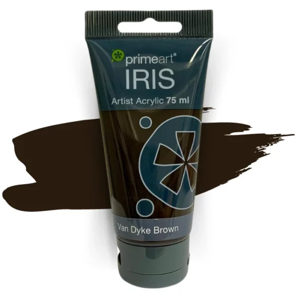 A single tube of Van Dyke Brown Prime Art Iris Acrylic Paint 75ml is shown in the frame. The tube is a clear plastic with a black printed band at the top of each tube that has the Prime Art Iris Logo printed on it. The tube has a black flip cap that the tube stands on. You can see the colour of the paint through the tube. On a white background.