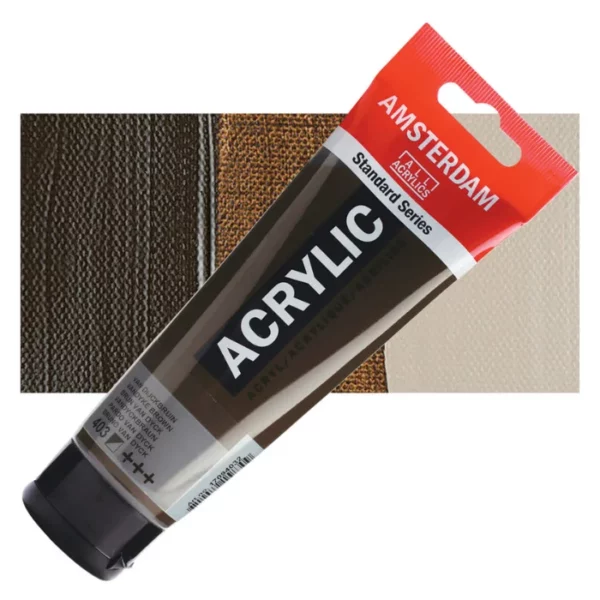 A single tube of Vandyke Brown Amsterdam Acrylic Paint 120ml is shown diagonally across the center of the frame. The tube is made of a clear plastic and has a red band at the end of the tube with a hole so it can hang. The tube has a black, plastic flip top cap, that the bottle stands on. There is black text on the body of the tube describing the product colour and details. The colour of the paint can be seen through the tube. There is a rectangular colour swatch of the paint, behind the tube. The swatch shows the colour in different gradient's. The image is center of the frame and on a white background.