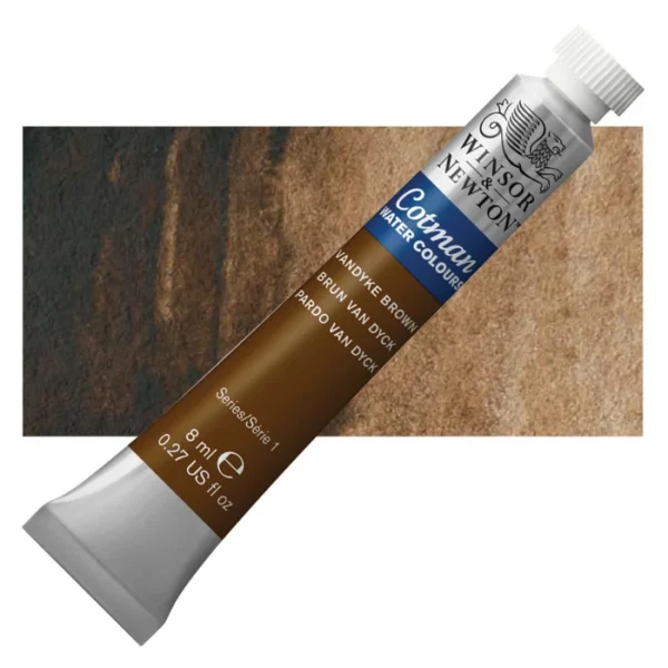 A single Vandyke Brown Winsor and Newton Cotman Watercolour 8ml Tube is shown diagonally across the frame. The back of the tube is facing the bottom left hand corner of the frame and the lid of the tube is facing the top, right hand corner of the frame. The tube is silver and the Winsor and Newton logo is printed at the top of the tube. There is a blue band below the logo and the words 'Cotman Watercolour' are printed on the blue band in white. Then there is a large colour band around the base of the tube that denotes the colour of the paint. The tube colour and paint properties are indicated on this colour band in black text. The tube has a white, plastic screw on cap. There is a rectangular colour swatch behind the tube that shows how the colour works on a gradient scale. The entire image is center of the frame and on a white background.