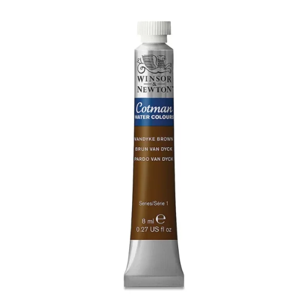 A single Vandyke Brown Winsor and Newton Cotman Watercolour 8ml Tube is shown vertically in the center of the frame. The tube is silver and the Winsor and Newton logo is printed at the top of the tube. There is a blue band below the logo and the words 'Cotman Watercolour' are printed on the blue band in white. Then there is a large colour band around the base of the tube that denotes the colour of the paint. The tube colour and paint properties are indicated on this colour band in black text. The tube has a white, plastic screw on cap. The image is center of the frame and on a white background.