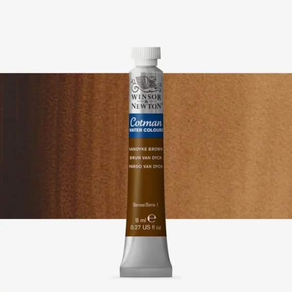 A single Vandyke Brown Winsor and Newton Cotman Watercolour 8ml Tube is shown vertically in the center of the frame. The tube is silver and the Winsor and Newton logo is printed at the top of the tube. There is a blue band below the logo and the words 'Cotman Watercolour' are printed on the blue band in white. Then there is a large colour band around the base of the tube that denotes the colour of the paint. The tube colour and paint properties are indicated on this colour band in black text. The tube has a white, plastic screw on cap. There is a rectangular colour swatch behind the tube that shows how the colour works on a gradient scale. The entire image is center of the frame and on a white background.