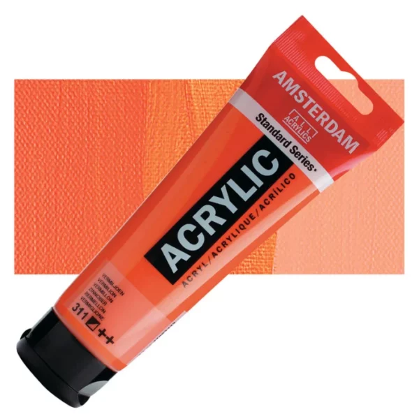 A single tube of Vermilion Amsterdam Acrylic Paint 120ml is shown diagonally across the center of the frame. The tube is made of a clear plastic and has a red band at the end of the tube with a hole so it can hang. The tube has a black, plastic flip top cap, that the bottle stands on. There is black text on the body of the tube describing the product colour and details. The colour of the paint can be seen through the tube. There is a rectangular colour swatch of the paint, behind the tube. The swatch shows the colour in different gradient's. The image is center of the frame and on a white background.