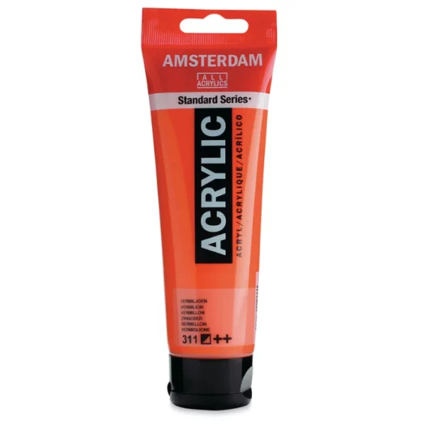 A single tube of Vermilion Amsterdam Acrylic Paint 120ml is standing vertically in the center of the frame. The tube is made of a clear plastic and has a red band at the end of the tube with a hole so it can hang. The tube has a black, plastic flip top cap, that the bottle stands on. There is black text on the body of the tube describing the product colour and details. The colour of the paint can be seen through the tube. On a white background.