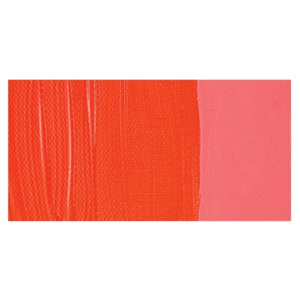 A rectangular colour swatch of Vermilion Hue Winsor and Newton Galeria Acrylic Paint is shown across the center of the frame. The colour swatch shows the tube colour in three gradients from left to right. On a white background.