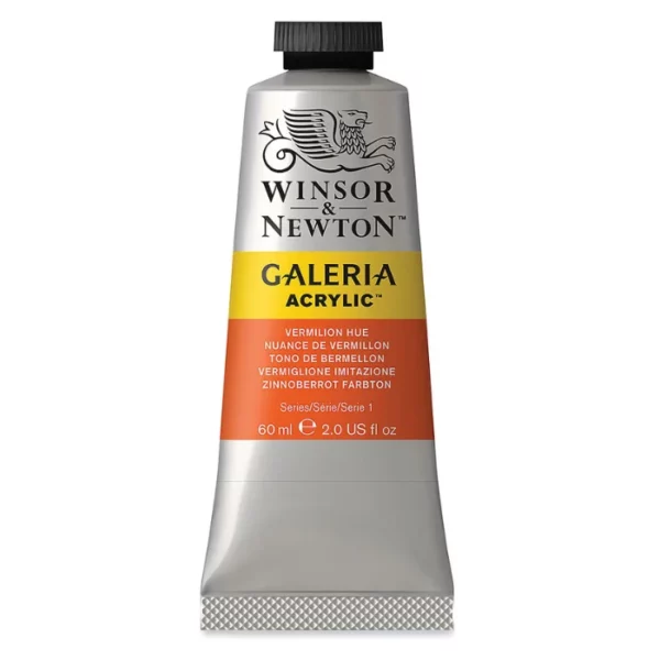 A single tube of Vermilion Hue Winsor and Newton Galeria Acrylic Paint 60ml is shown in the center of the frame, standing vertically. The tube is a silver colour and has a black, screw on, plastic lid. The Winsor and Newton logo is printed at the top of the tube and there is a yellow band across the tube, under the logo, with the words, 'Galeria Acrylic'. There is a band of colour below that which denotes the colour of the paint in the tube. There is text on this colour band, describing the colour and paint properties. The image is center of the frame and on a white background.