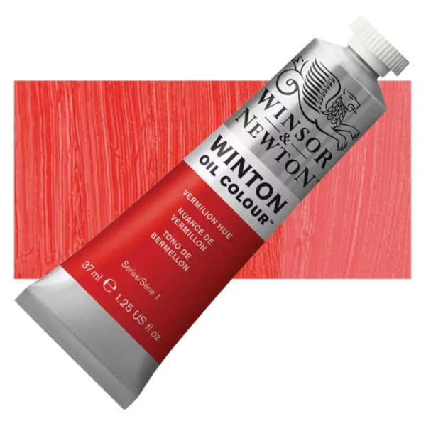 A tube of Vermilion Hue Winsor and Newton Winton Oil Paint 37ml is shown diagonally, across the center of the frame. The tube is a silver colour and has a white screw on, plastic lid. The Winsor and Newton logo is printed at the top of the tube and there is a white band printed across the tube, below the logo, that has the words 'Winton Oil Colour' written on it. Below that is a colour band printed across the tube that has black text describing the product colour and paint properties. There is a rectangular colour swatch behind the tube that shows the colour of the paint. It lays horizontally across the top third of the frame. The image is center of the frame and on a white background.