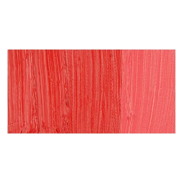 A rectangular colour swatch of Vermilion Hue Winsor and Newton Winton Oil Paint is shown across the center of the frame. The colour swatch shows the tube colour in three gradients from left to right. On a white background.