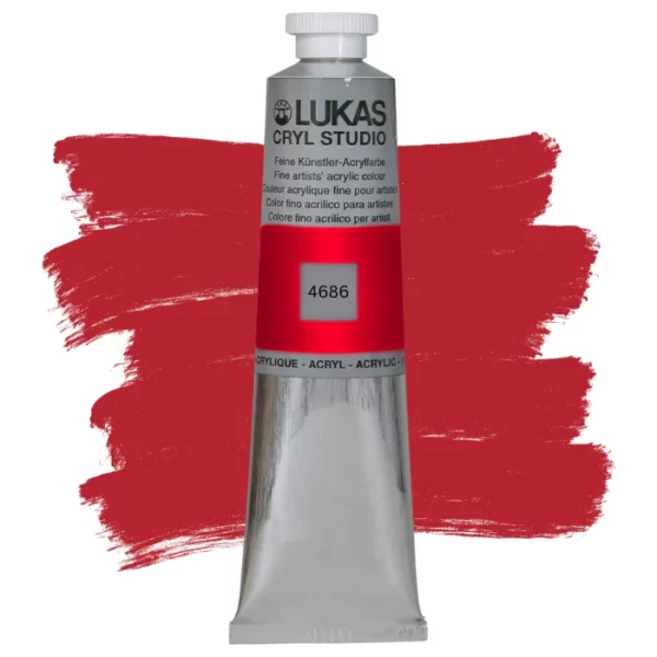 A single tube of Vermilion Lukas Cryl STUDIO Acrylics 75ml is shown in the center of the frame, standing vertically. The tube is silver and has a colour band around the body of the tube that denotes the colour of the paint inside. The Lukas name and logo is printed at the top of the tube and there is black text below the logo that describes the paint. The tube has a white plastic, screw on lid. There is a paint swatch in the background that indicates the colour of the paint inside the tube. The image is center of the frame and on a white background.