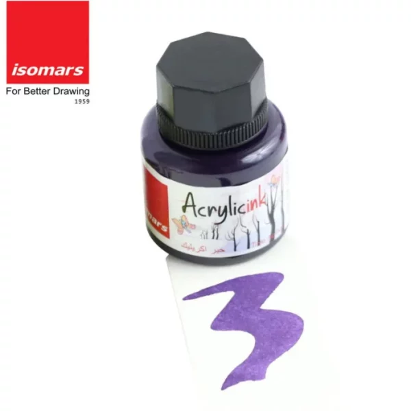 A single bottle of Violet Isomars Acrylic Ink 30ml is shown at the top of the frame. There is a colour swatch below the bottle, to indicate the colour of the ink. The bottle is a clear plastic so you can see the colour of the ink inside. It has a black, plastic, screw on lid and a printed label around the body of the bottle. The label has the product name and details printed on it. The Isomars logo is printed in the top left hand corner of the frame. On a white background.