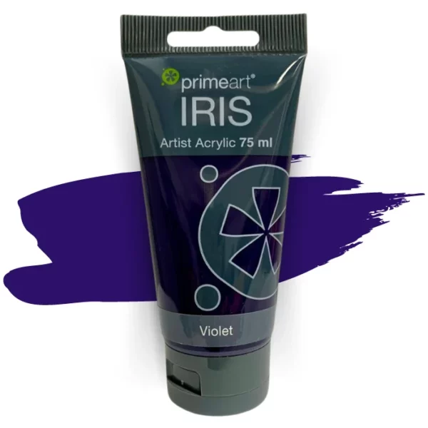 A single tube of Violet Prime Art Iris Acrylic Paint 75ml is shown in the frame. The tube is a clear plastic with a black printed band at the top of each tube that has the Prime Art Iris Logo printed on it. The tube has a black flip cap that the tube stands on. You can see the colour of the paint through the tube. On a white background.