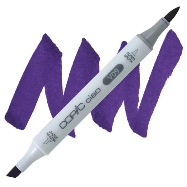 in the center of the image is a single copic marker that is sitting diagonally across the image. from left to right. it has a grey body and both caps are off showing the two different nibs, one brush at the top and the chisel tip at the bottom. it is sitting infront of a squiggle of the same colour as the marker on a white background