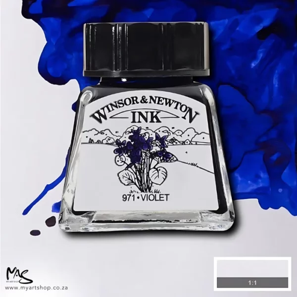 A single bottle of Violet Winsor & Newton Drawing Ink can be seen in the center of the frame, with ink in the background, in the top right hand corner of the frame, flowing into the frame. The ink is the colour of the ink inside the bottle. The bottle is a clear glass bottle and so you can see the colour of the ink inside. There is a black, plastic screw on lid and a label stuck to the front of the bottle with the brand name and logo on it. There is a small rectangular colour block with a sample of the ink colour in a 1:1 ratio, in the bottom right hand corner of the frame.