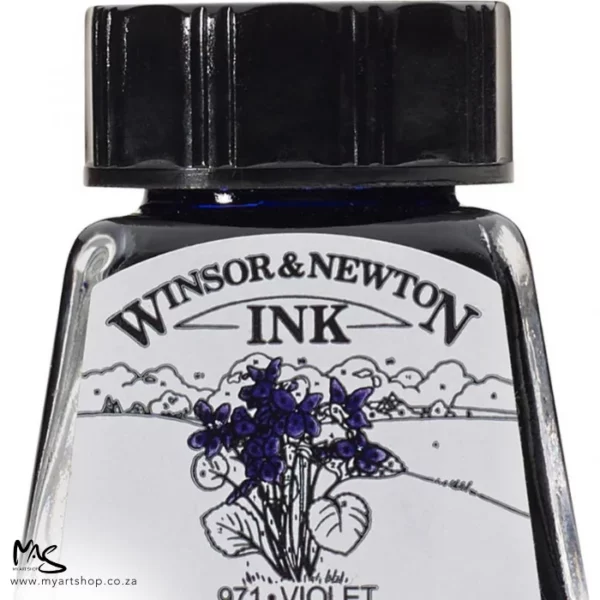 A close up of a single bottle of Violet Winsor & Newton Drawing Ink. The bottom of the bottle is cut off by the frame. The bottle is clear glass so you can see the colour of the ink inside, with a black screw on plastic lid. There is a label on the front of the bottle with the brand logo.