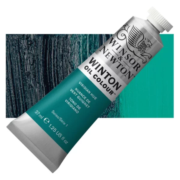 A tube of Viridian Hue Winsor and Newton Winton Oil Paint 37ml is shown diagonally, across the center of the frame. The tube is a silver colour and has a white screw on, plastic lid. The Winsor and Newton logo is printed at the top of the tube and there is a white band printed across the tube, below the logo, that has the words 'Winton Oil Colour' written on it. Below that is a colour band printed across the tube that has black text describing the product colour and paint properties. There is a rectangular colour swatch behind the tube that shows the colour of the paint. It lays horizontally across the top third of the frame. The image is center of the frame and on a white background.