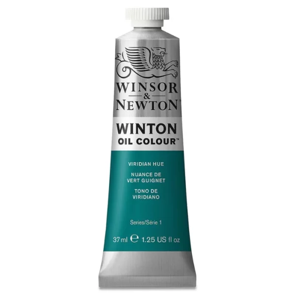 A single tube of Viridian Hue Winsor and Newton Winton Oil Paint 37ml is shown in the center of the frame, standing vertically. The tube is a silver colour and has a white screw on, plastic lid. The Winsor and Newton logo is printed at the top of the tube and there is a white band across the tube, under the logo, with the words, 'Winton Oil Colour'. There is a band of colour below that which denotes the colour of the paint in the tube. There is text on this colour band, describing the colour and paint properties. The image is center of the frame and on a white background.