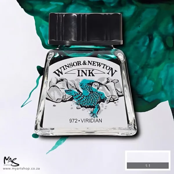 A single bottle of Viridian Winsor & Newton Drawing Ink can be seen in the center of the frame, with ink in the background, in the top right hand corner of the frame, flowing into the frame. The ink is the colour of the ink inside the bottle. The bottle is a clear glass bottle and so you can see the colour of the ink inside. There is a black, plastic screw on lid and a label stuck to the front of the bottle with the brand name and logo on it. There is a small rectangular colour block with a sample of the ink colour in a 1:1 ratio, in the bottom right hand corner of the frame.