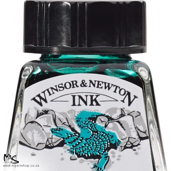 A close up of a single bottle of Viridian Winsor & Newton Drawing Ink. The bottom of the bottle is cut off by the frame. The bottle is clear glass so you can see the colour of the ink inside, with a black screw on plastic lid. There is a label on the front of the bottle with the brand logo.