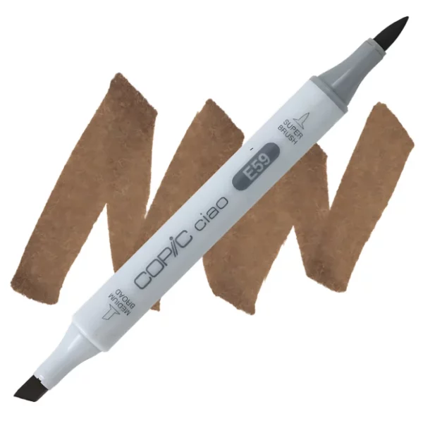 in the center of the image is a single copic marker that is sitting diagonally across the image. from left to right. it has a grey body and both caps are off showing the two different nibs, one brush at the top and the chisel tip at the bottom. it is sitting infront of a squiggle of the same colour as the marker on a white background