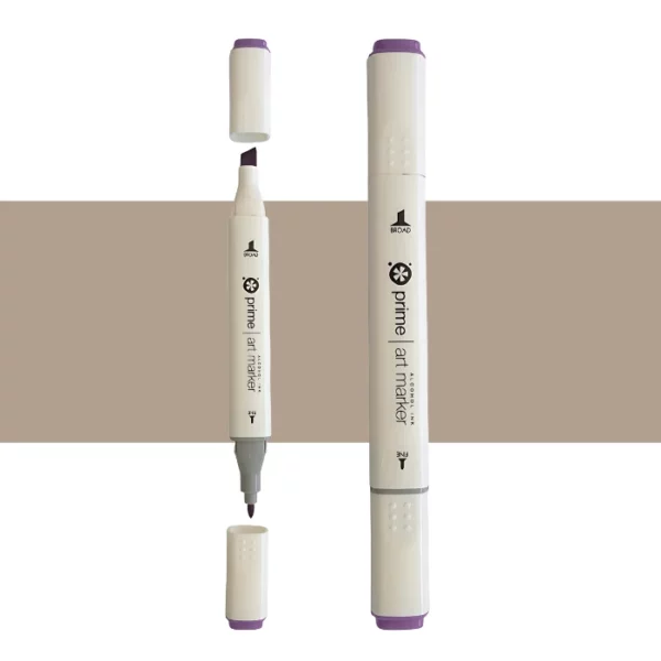 two prime art alcohol ink markers are standing upright in the center of the image. the one on the left has both caps off showing the two different types of nibs. the one on the right has both the caps on. they are cream coloured pens with black writing on them. they are sitting infront of a horizontal stripe of colour that shows what colour the marker is. on a white background