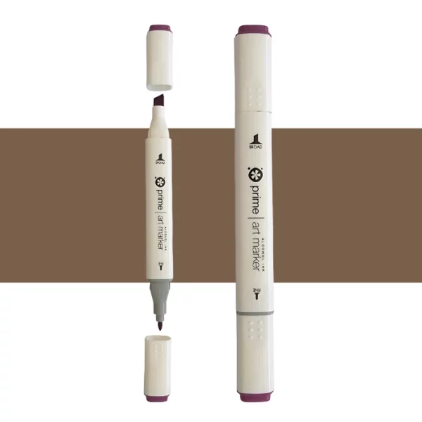 two prime art alcohol ink markers are standing upright in the center of the image. the one on the left has both caps off showing the two different types of nibs. the one on the right has both the caps on. they are cream coloured pens with black writing on them. they are sitting infront of a horizontal stripe of colour that shows what colour the marker is. on a white background