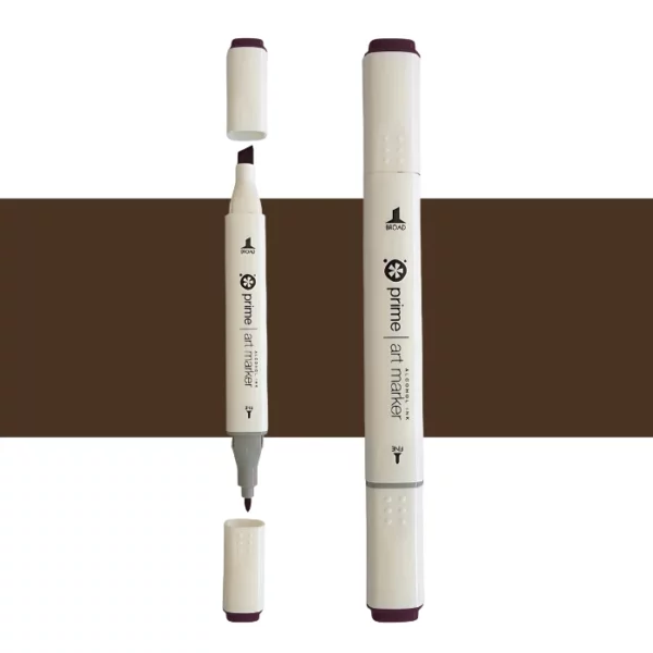 two prime art alcohol ink markers are standing upright in the center of the image. the one on the left has both caps off showing the two different types of nibs. the one on the right has both the caps on. they are cream coloured pens with black writing on them. they are sitting infront of a horizontal stripe of colour that shows what colour the marker is. on a white background