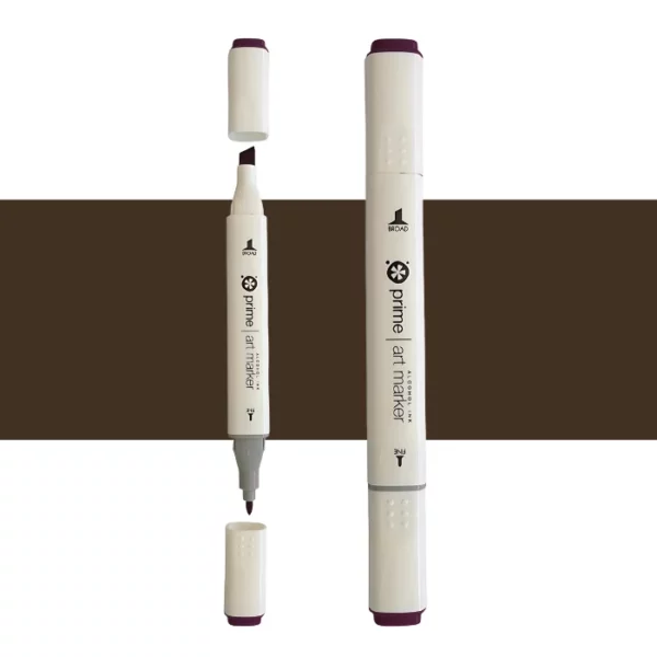 two prime art alcohol ink markers are standing upright in the center of the image. the one on the left has both caps off showing the two different types of nibs. the one on the right has both the caps on. they are cream coloured pens with black writing on them. they are sitting infront of a horizontal stripe of colour that shows what colour the marker is. on a white background