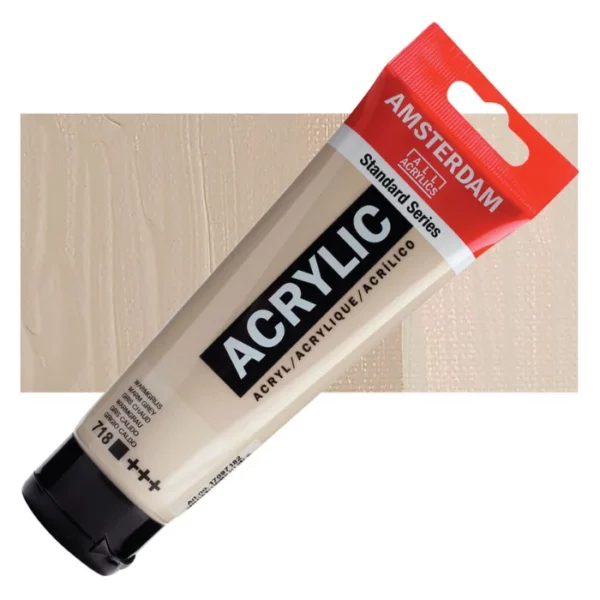 A single tube of Warm Grey Amsterdam Acrylic Paint 120ml is shown diagonally across the center of the frame. The tube is made of a clear plastic and has a red band at the end of the tube with a hole so it can hang. The tube has a black, plastic flip top cap, that the bottle stands on. There is black text on the body of the tube describing the product colour and details. The colour of the paint can be seen through the tube. There is a rectangular colour swatch of the paint, behind the tube. The swatch shows the colour in different gradient's. The image is center of the frame and on a white background.