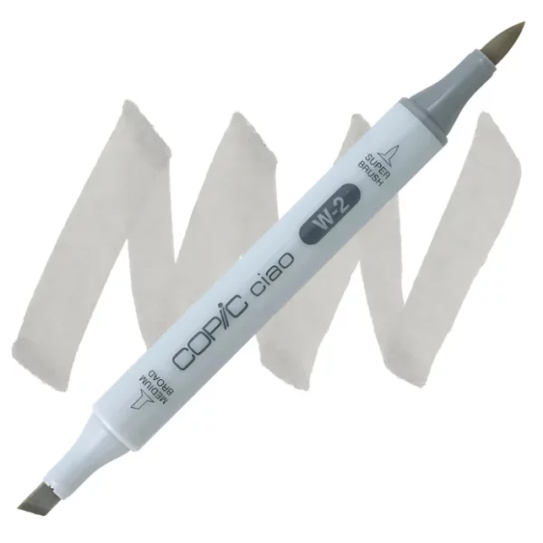 in the center of the image is a single copic marker that is sitting diagonally across the image. from left to right. it has a grey body and both caps are off showing the two different nibs, one brush at the top and the chisel tip at the bottom. it is sitting infront of a squiggle of the same colour as the marker on a white background