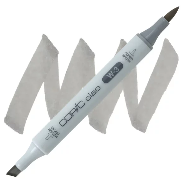 in the center of the image is a single copic marker that is sitting diagonally across the image. from left to right. it has a grey body and both caps are off showing the two different nibs, one brush at the top and the chisel tip at the bottom. it is sitting infront of a squiggle of the same colour as the marker on a white background