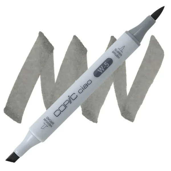 in the center of the image is a single copic marker that is sitting diagonally across the image. from left to right. it has a grey body and both caps are off showing the two different nibs, one brush at the top and the chisel tip at the bottom. it is sitting infront of a squiggle of the same colour as the marker on a white background