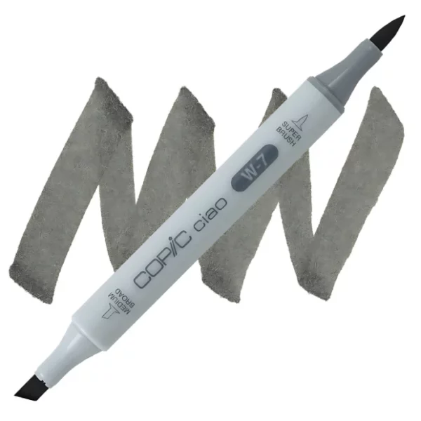 in the center of the image is a single copic marker that is sitting diagonally across the image. from left to right. it has a grey body and both caps are off showing the two different nibs, one brush at the top and the chisel tip at the bottom. it is sitting infront of a squiggle of the same colour as the marker on a white background