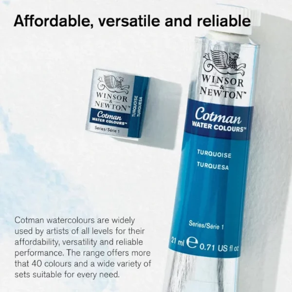 A promotional image for Winsor and Newton Cotman Watercolour Paints. A single tube of paint is shown along the right hand side of the frame, with a watercolour pan to the right of it. There is black text at the top of the frame describing the affordability of the range.